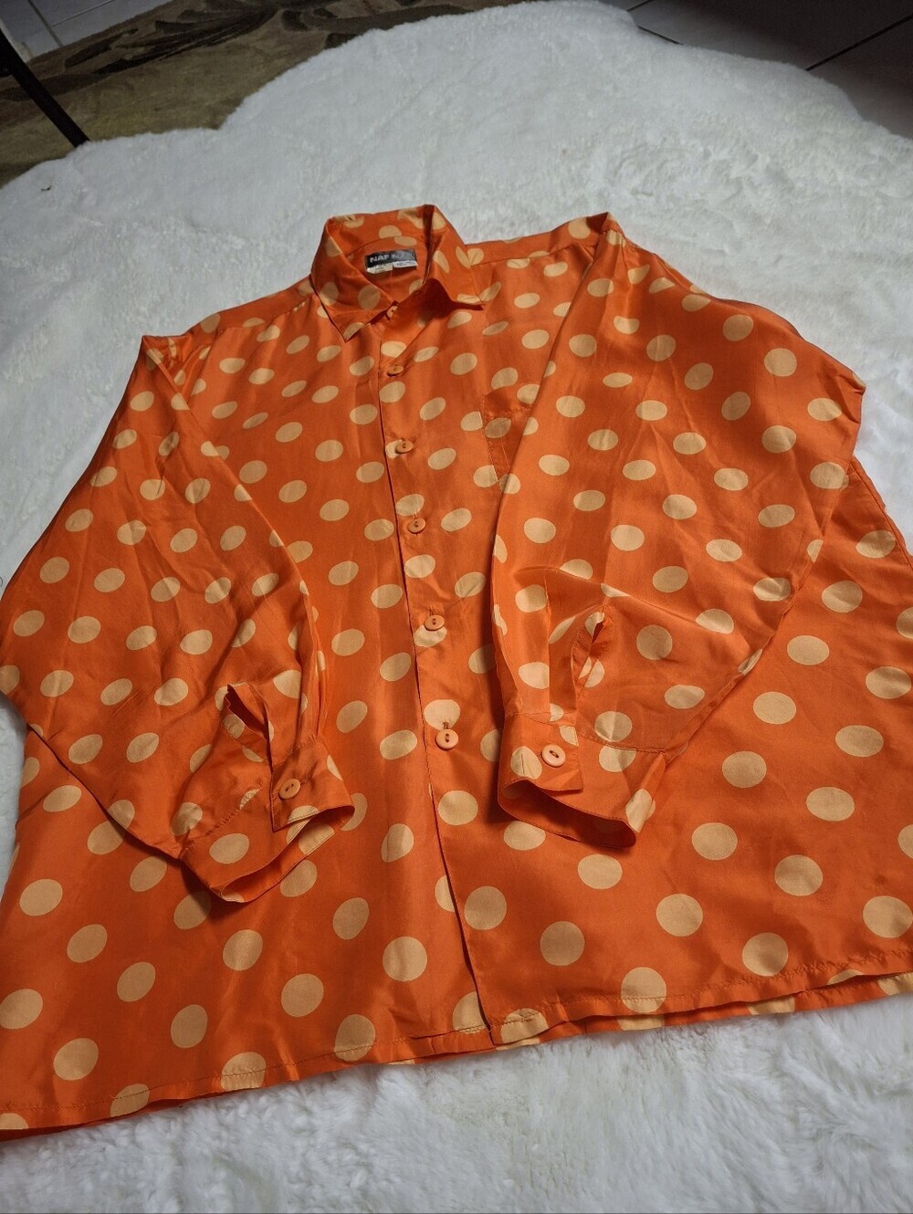 NAF NAF Paris Silk Orange with Beige Polka-Dots Button-Up Blouse Size X-Large - Picture 9 of 16